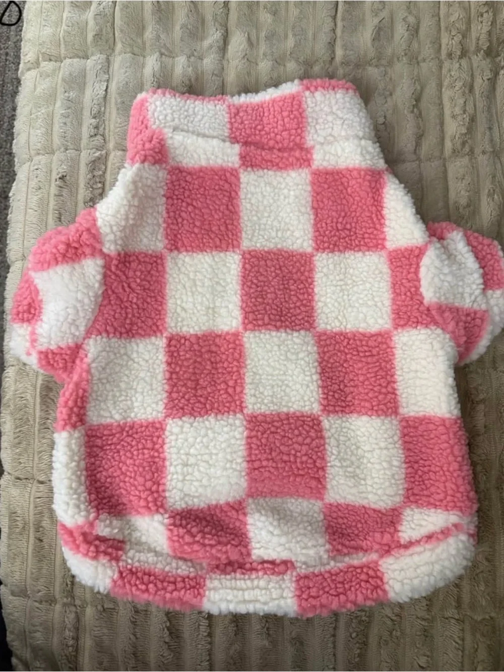 Size M Pink White Checkered Sherpa Dog Sweater